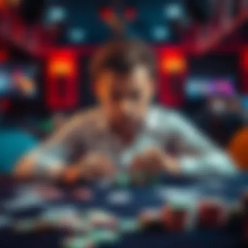 A poker player showing frustration while sitting at a poker table with cards and chips scattered in front of him