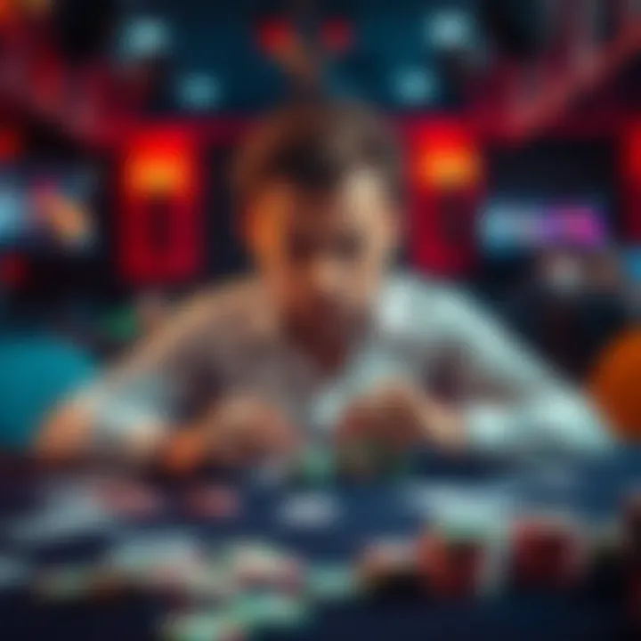 A poker player showing frustration while sitting at a poker table with cards and chips scattered in front of him