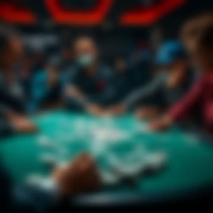 A group of poker players showing frustration over a dealer's actions during a game. Cards are scattered on the table, and players are visibly annoyed.