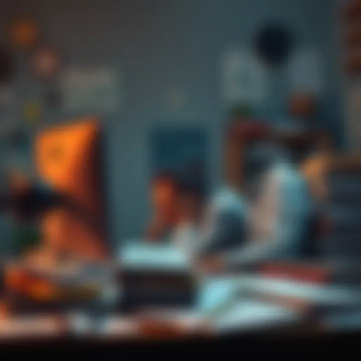 A person looking frustrated at a computer, surrounded by papers and books, struggling to find information.