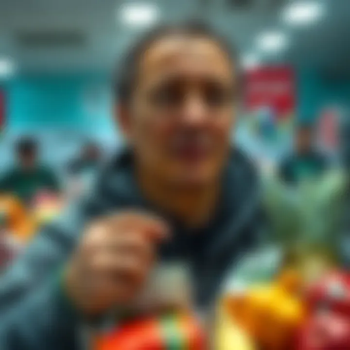 A person looking disappointed after shopping with fake money, surrounded by groceries they can't buy.