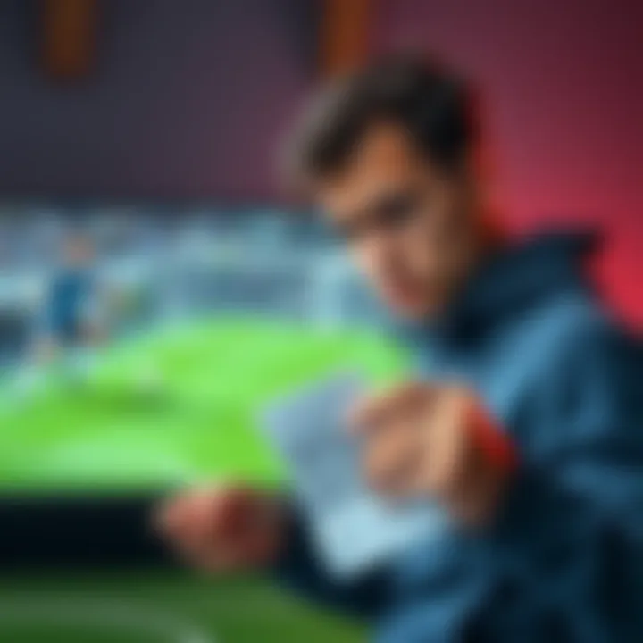 A person looking disappointed while holding a betting slip, with a soccer match playing on a TV in the background