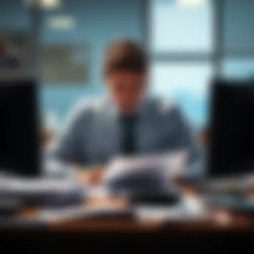 A person looking stressed at their office desk, surrounded by paperwork and a computer, symbolizing job dissatisfaction.