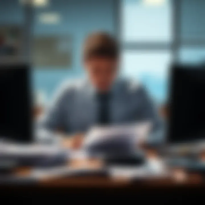 A person looking stressed at their office desk, surrounded by paperwork and a computer, symbolizing job dissatisfaction.