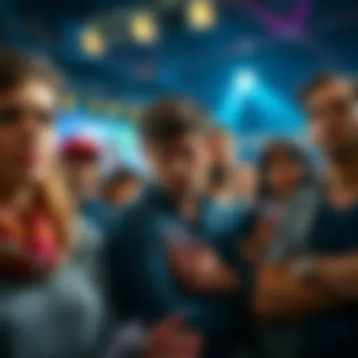 A group of people looking disappointed at a lottery draw event, with tickets in hand and expressions of frustration.