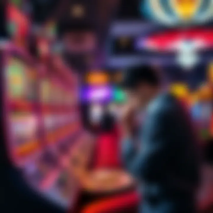 A person sitting at a casino slot machine, looking dejected after losing money.