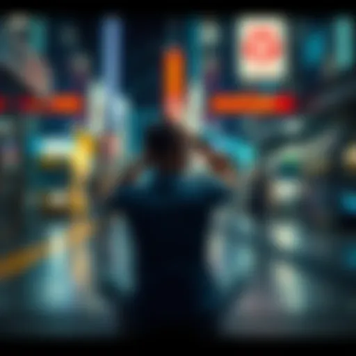 A person sitting alone with their head in their hands, showing feelings of frustration and stress in a busy urban environment.