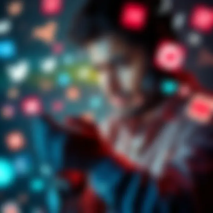 A person looking frustrated while scrolling through social media on a smartphone, surrounded by social media icons.