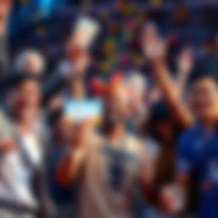 People celebrating their winnings from the Full Court Draw, holding tickets and cash rewards