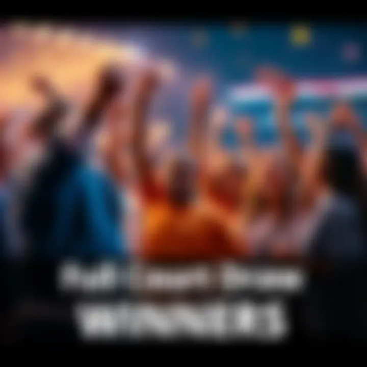 People celebrating their winnings from the Full Court Draw game, holding tickets and cash prizes.