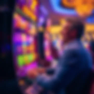 A person excitedly playing the Mega Fortune X slot machine with colorful graphics and bright lights