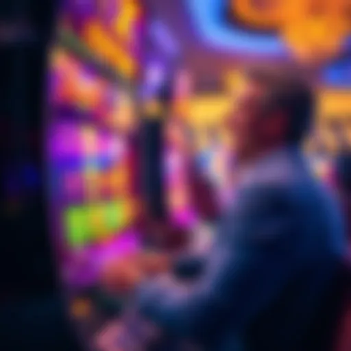 A person excitedly playing the Mega Fortune X slot machine with colorful graphics and bright lights