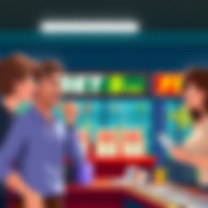 Funny Bet Illustration A cartoon of people laughing while placing bets at a colorful betting shop with bonus signs