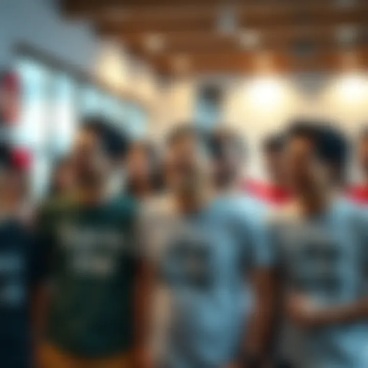 Group of people wearing humorous custom t-shirts, laughing and enjoying their time together.