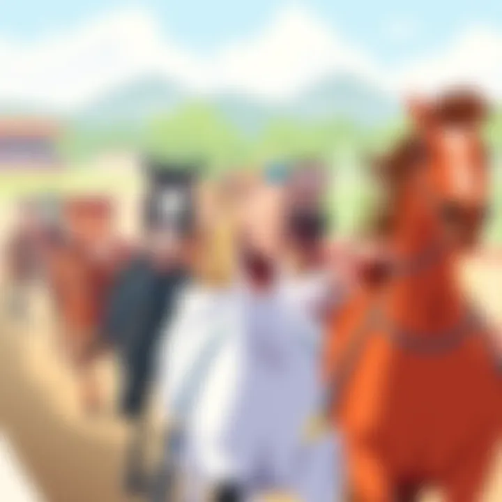 A humorous illustration showing horses in a race with funny captions and characters reacting with joy and laughter