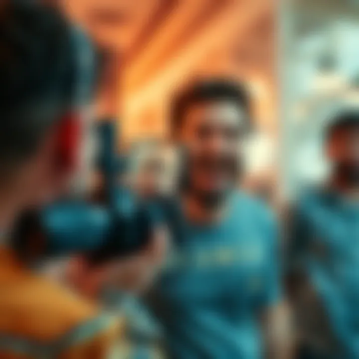 A content creator laughing while filming a funny video, with a surprised expression and onlookers in the background, capturing the unexpected expulsion moment.