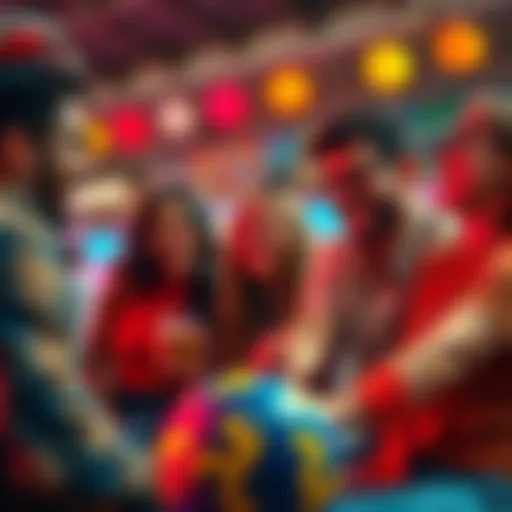 A vibrant scene with friends laughing and exchanging creative phrases while enjoying a fun moment together