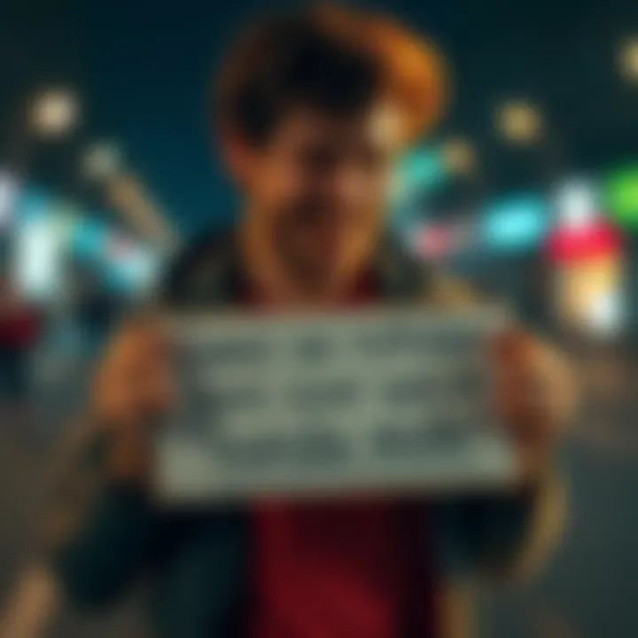 A person laughing while holding a sign with a humorous self-critique