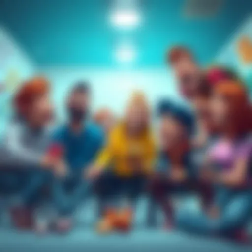 A collection of humorous characters in silly scenarios, laughing and sharing stories together