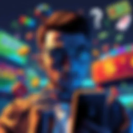 A person looking puzzled while checking their Funrize account, with gaming icons and money symbols around them.
