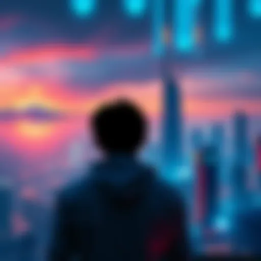 A person looking at a skyline with futuristic buildings, contemplating the future