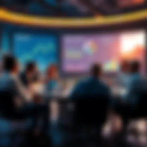 A group of people discussing significant events at a round table, analyzing trends and possibilities. Charts and graphs are displayed on a screen in the background.