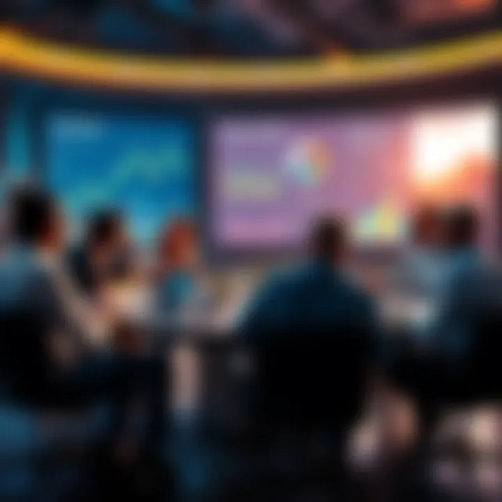 A group of people discussing significant events at a round table, analyzing trends and possibilities. Charts and graphs are displayed on a screen in the background.