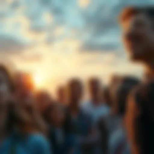A group of diverse people looking towards the horizon with hopeful expressions, symbolizing anticipation for upcoming events.
