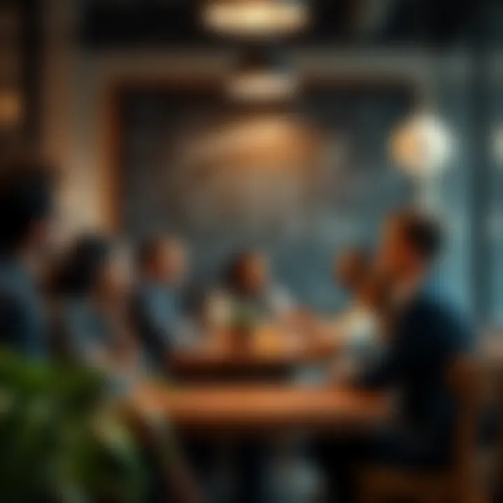 A group of diverse people discussing future possibilities in a café setting, with a chalkboard filled with ideas in the background.