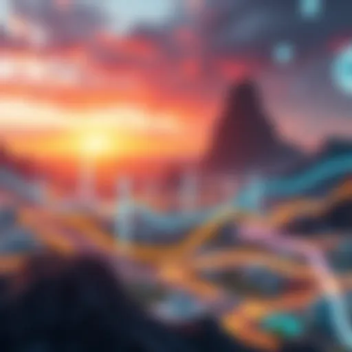 A digital representation of Derozen's current and future landscape featuring tech elements and growth symbols