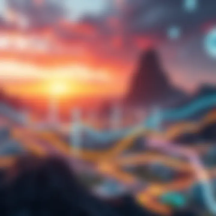 A digital representation of Derozen's current and future landscape featuring tech elements and growth symbols