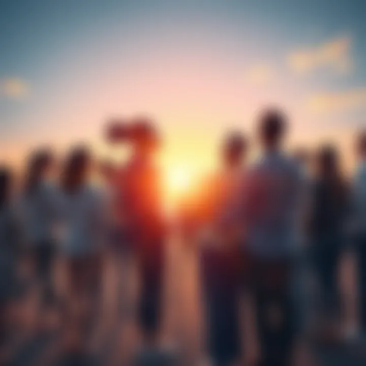 A group of diverse people standing together, looking towards a bright horizon, symbolizing hope and uncertainty about the future.