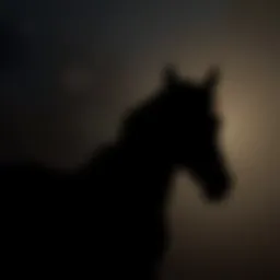 Silhouette of a horse representing Galopin des Champs with a shadowy background, symbolizing intrigue and mystery surrounding its death