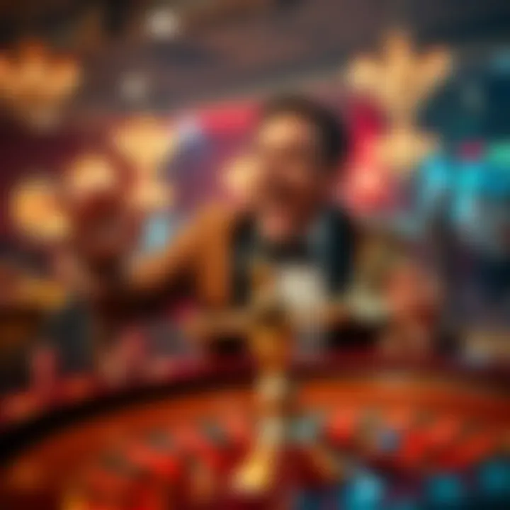 A excited gambler celebrating a win at a roulette table with chips and cash in hand