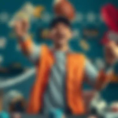 Excited gambler celebrating victory A joyful gambler celebrating a big win, holding cash in one hand and a betting slip in the other, surrounded by sports memorabilia.