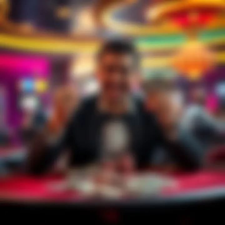 A happy gambler holds a stack of cash, celebrating a big win at a casino table