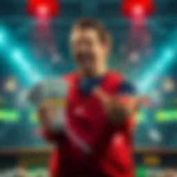 A happy gambler holding cash after winning a large amount from a small bet