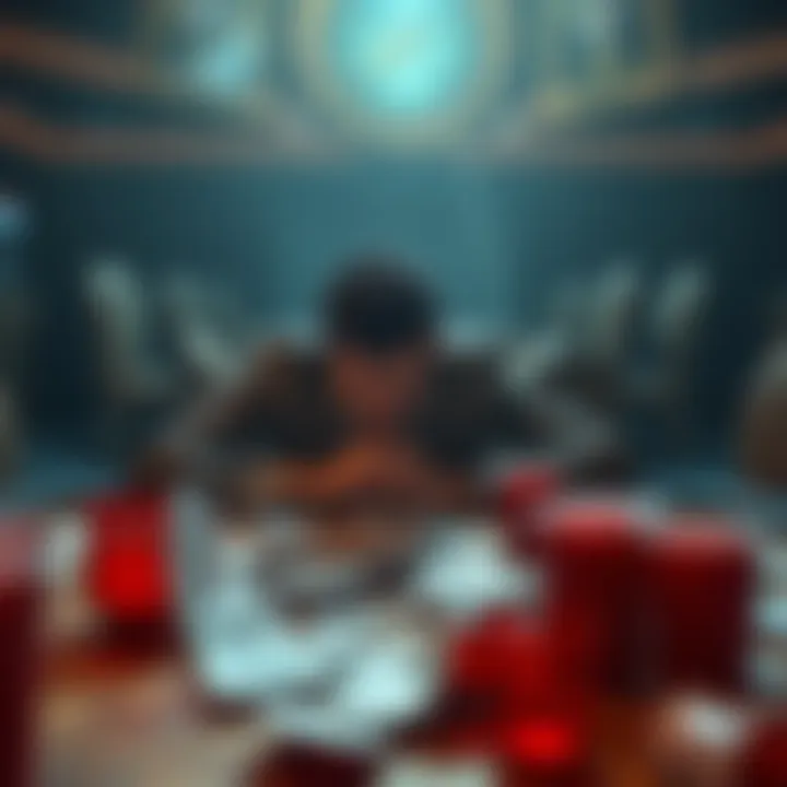 A distressed gambler sits at a table covered with betting slips and empty drink cups, reflecting on his recent losses after a big win.