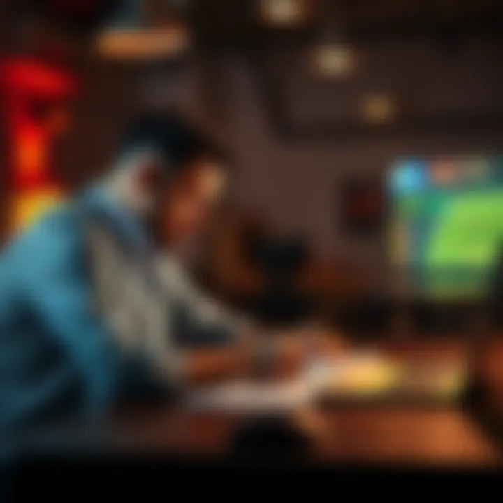 A focused gambler reviews betting strategies at a table with notes and a laptop, aiming to double their investment.