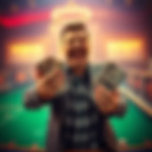 A happy gambler holding cash after winning a bet