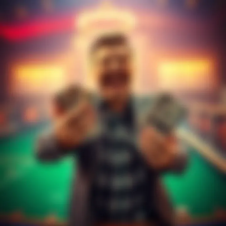 A happy gambler holding cash after winning a bet