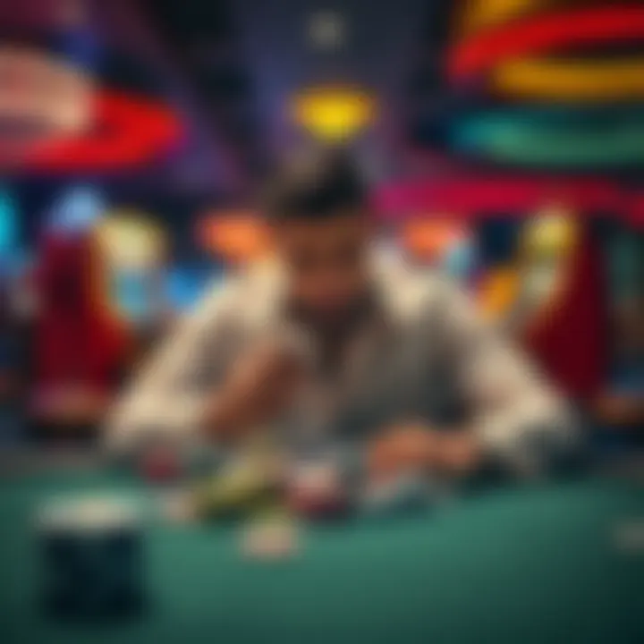 A South African man sitting at a casino table, looking stressed while holding playing cards, surrounded by chips and a slot machine in the background.