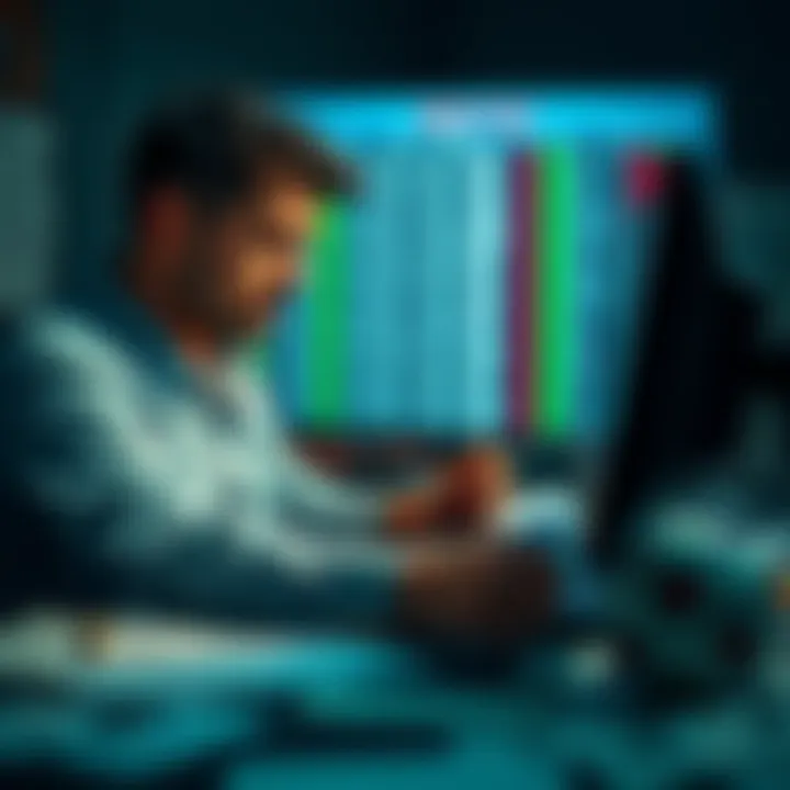 A focused gambler analyzing sports betting odds on a computer, surrounded by notes and betting slips