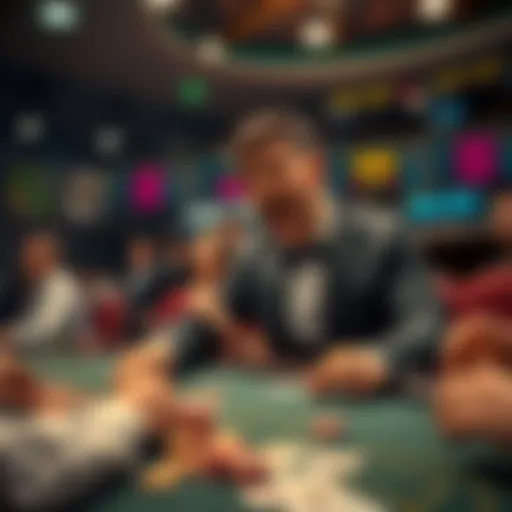 A gambler excitedly makes a bet at a crowded betting table, surrounded by chips and cards, showing emotions of thrill and tension.