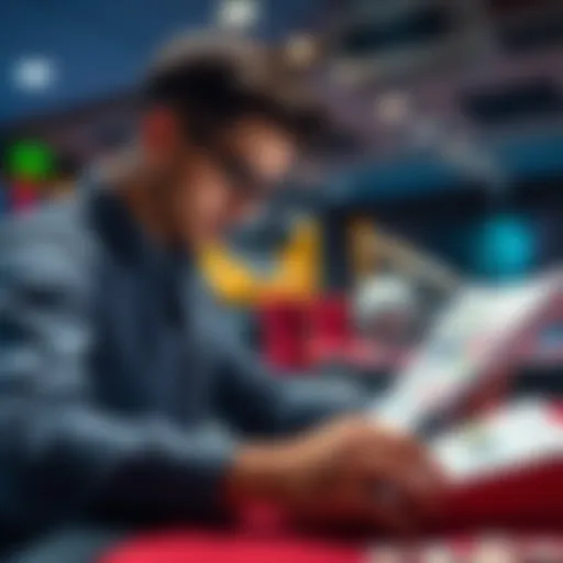 A focused gambler reviewing charts and calculations to improve betting strategy for increasing their bankroll.