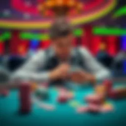 A focused gambler analyzing cards and chips at a casino table, contemplating financial strategies to manage debt.