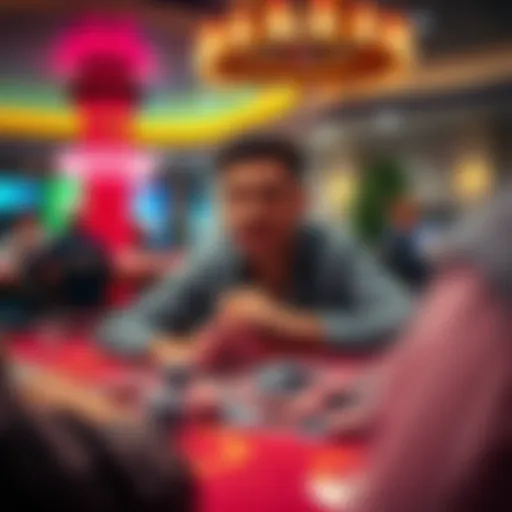 A person at a casino table surrounded by chips, looking both excited and anxious, representing the highs and lows of gambling.