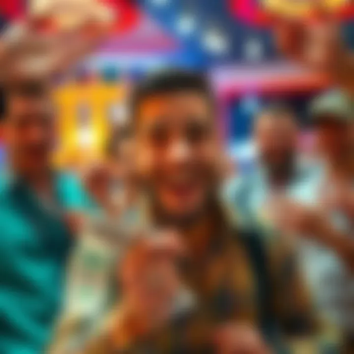 A smiling gambler holding cash with a $20 bill and a playful expression, surrounded by excited staff receiving tips