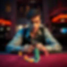 A person sitting at a table, looking conflicted about placing a bet while holding cash, with gambling chips in front.