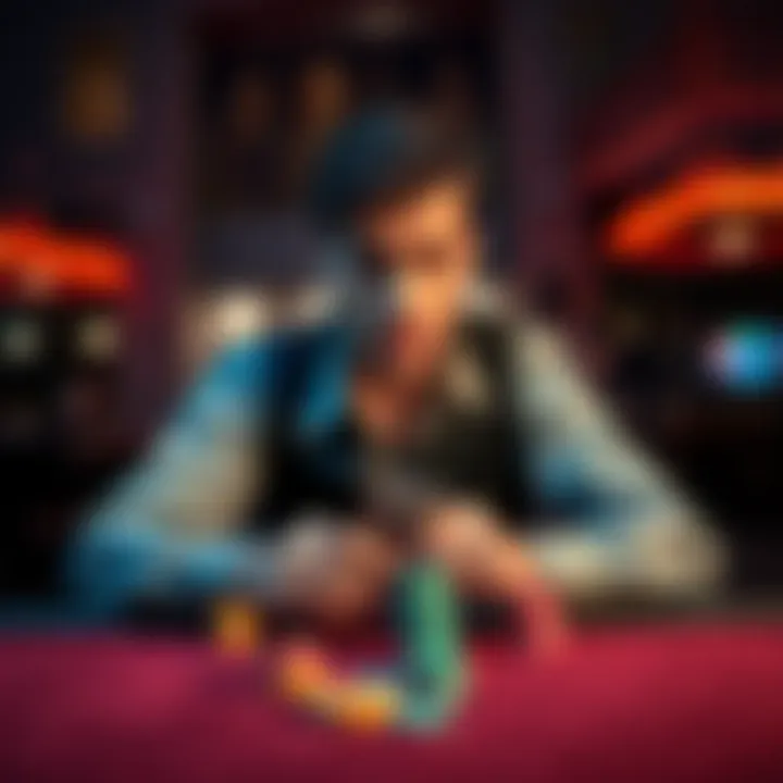 A person sitting at a table, looking conflicted about placing a bet while holding cash, with gambling chips in front.